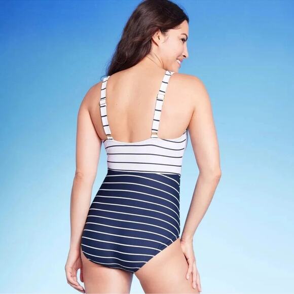 Kona Sol Women's V Neck Full Coverage Swimsuit  Stripe One Piece Size MEDIUM - Picture 2 of 10